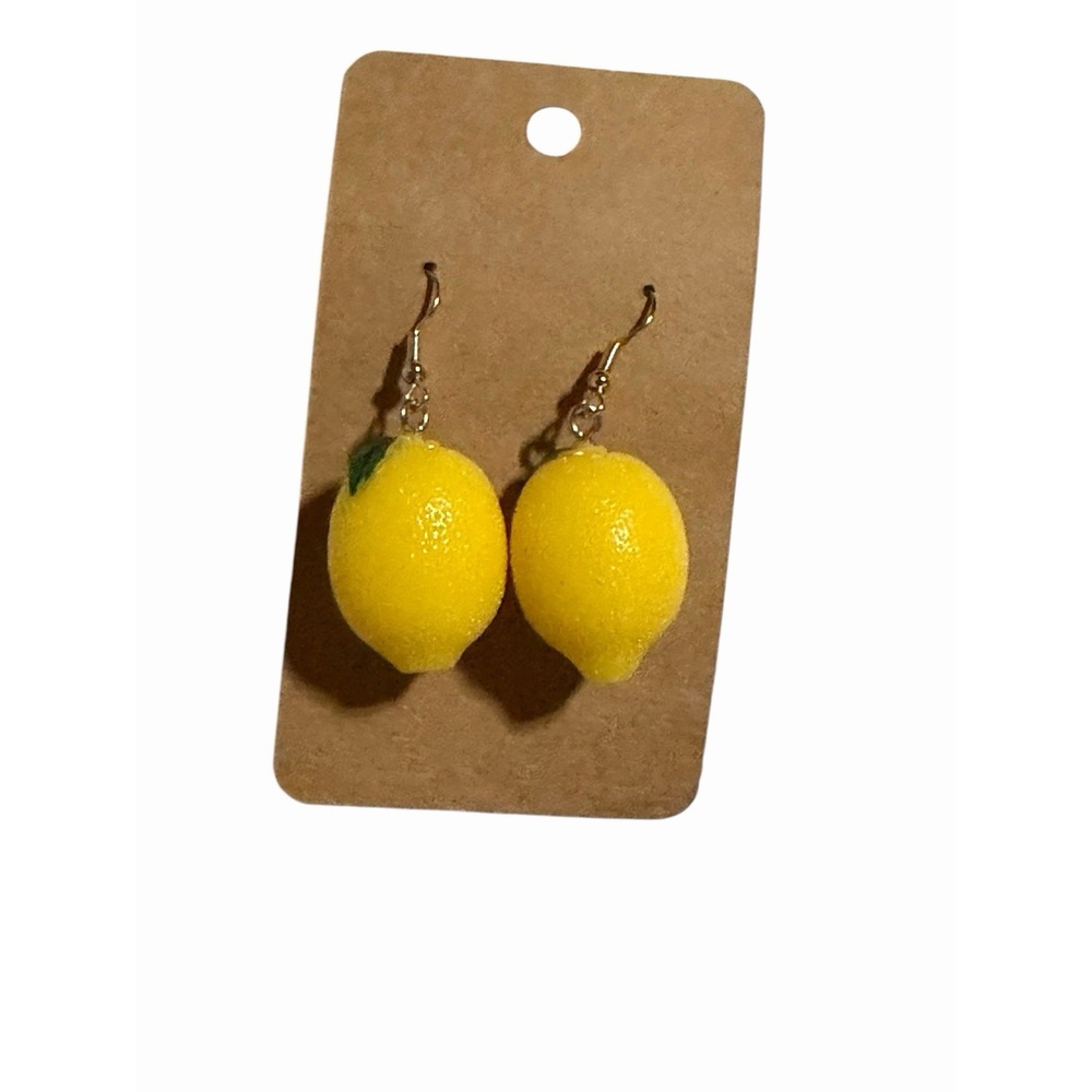 Handmade Lemon Fruit Drop Earrings‎ Yellow Kitsch Foodie Jewelry Gold Tone Hooks